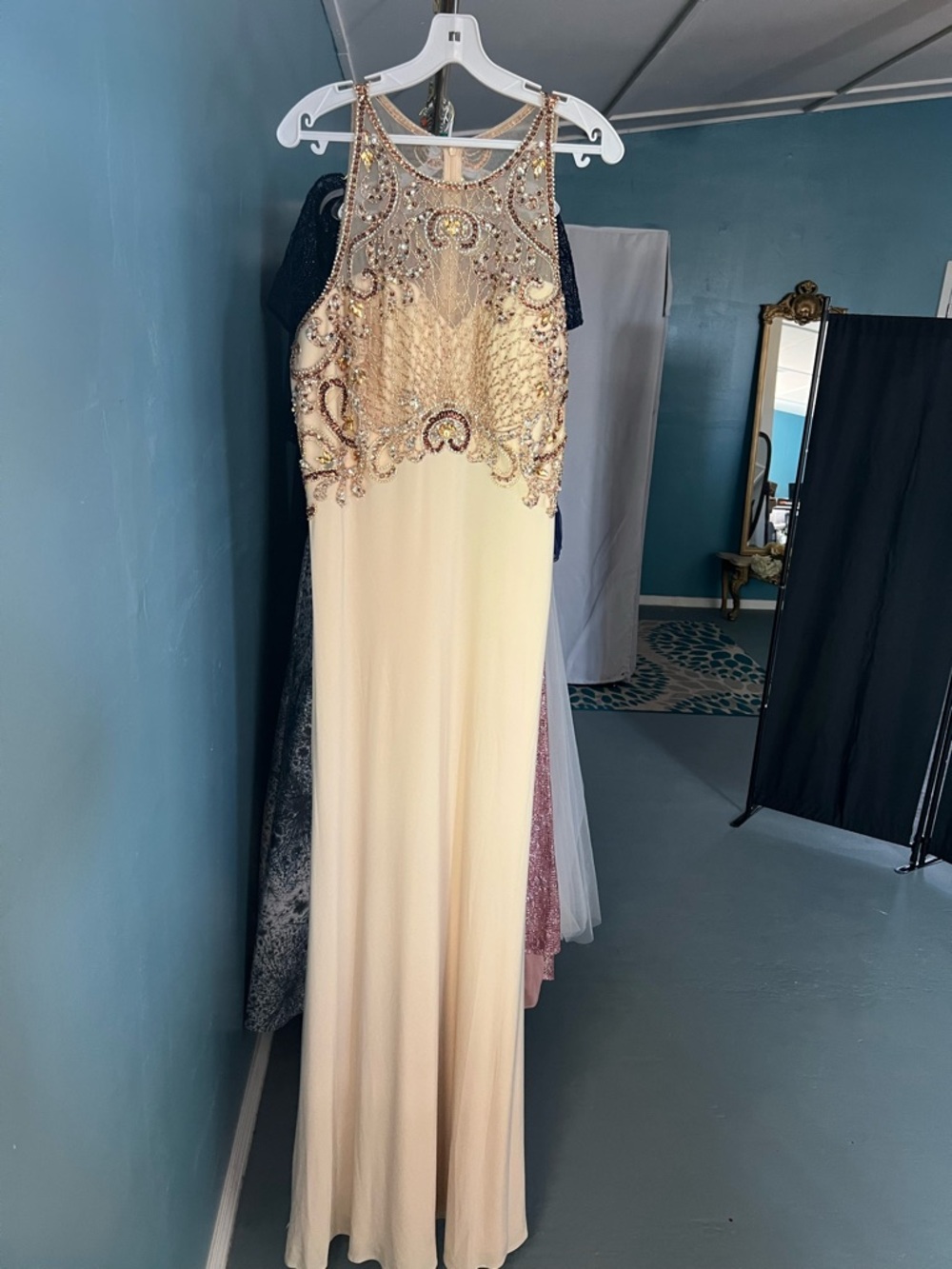 Cream Gown with Gold Embellished Bodice - Picture 2 of 10